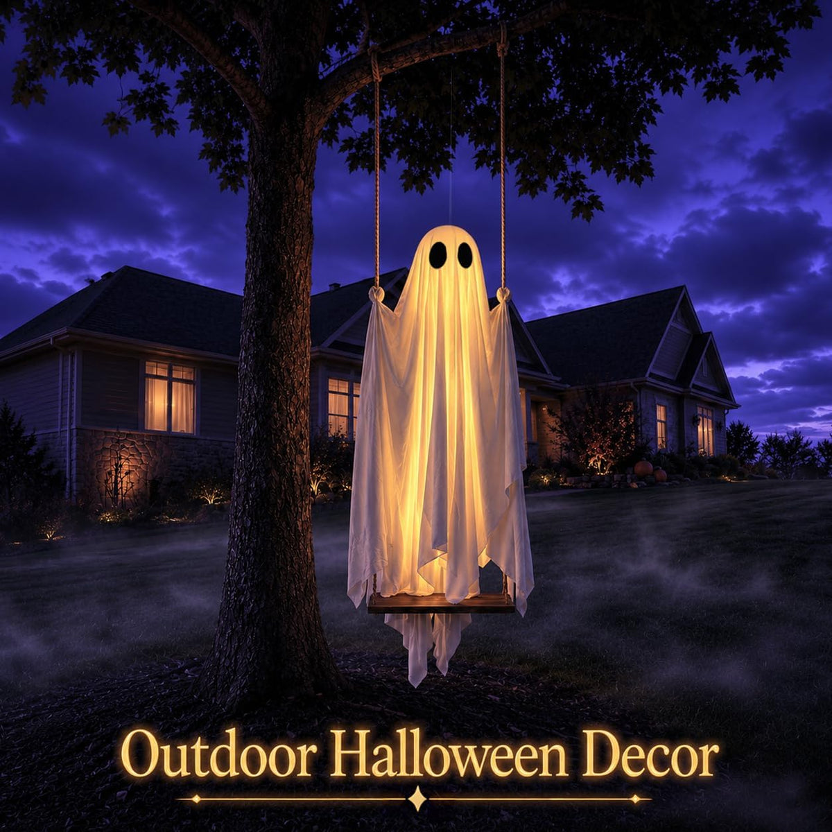 🎃5FT Outdoor Halloween Ghost Swing👻 Remote LED Lights | Yard Porch Scary Decor ✨