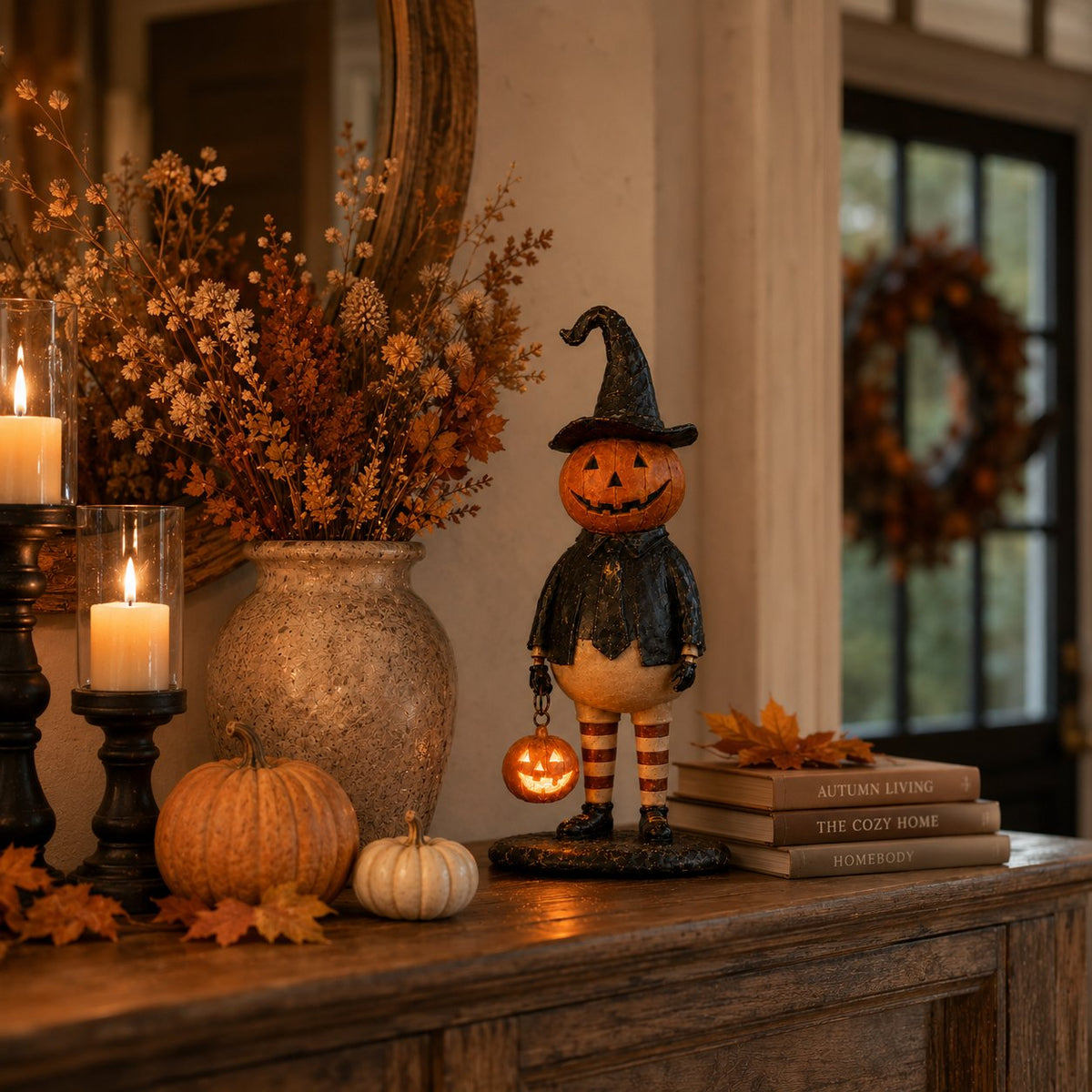 🔥HOT SALE 53% OFF🎃Halloween Pumpkin Head Figurine with Lighted Handheld Pumpkin Lantern