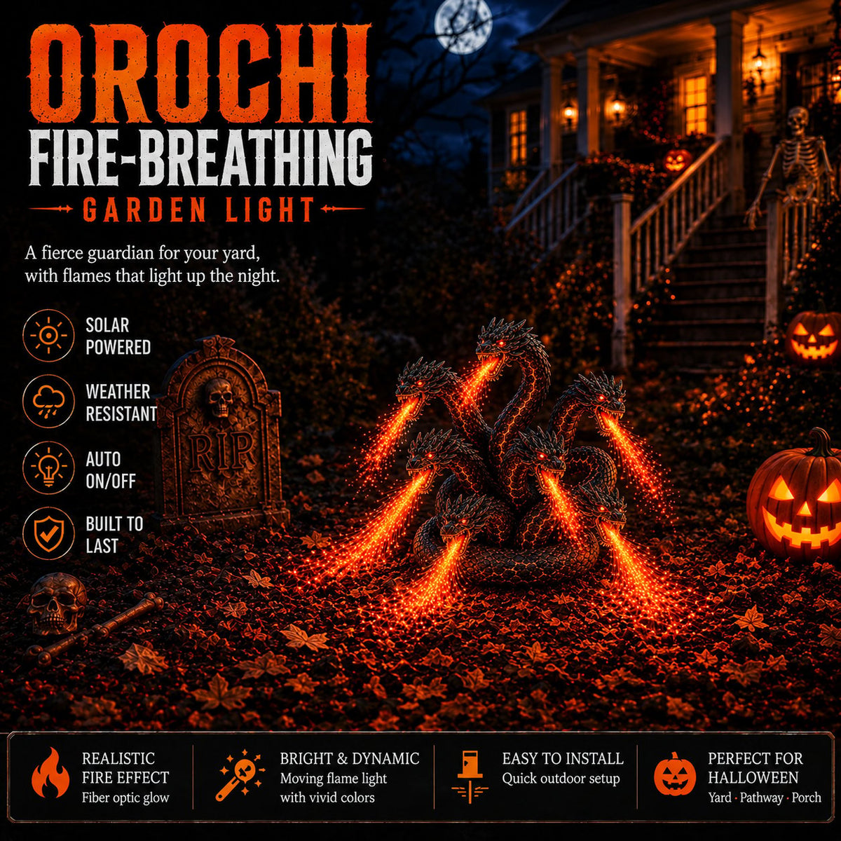 🔥🐉Multi‑Headed Fire‑Breathing Orochi Solar Light, Spooky Halloween Garden Yard Decoration