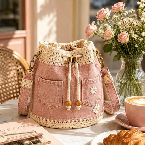 🔥 HOT SALE 49% OFF ✨ 👜Handmade Denim Crochet Bucket Bag – Daisy-Embroidered Drawstring Crossbody Bag