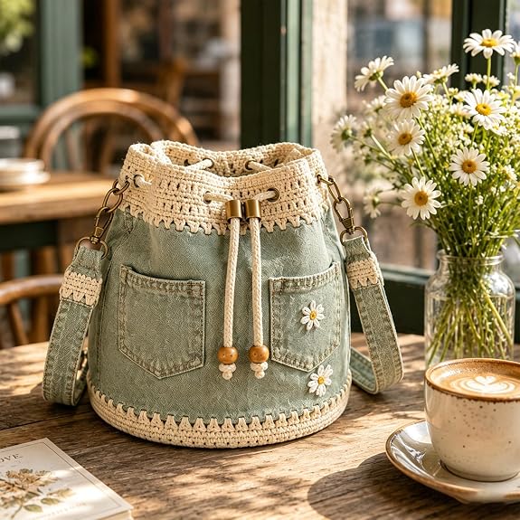 🔥 HOT SALE 49% OFF ✨ 👜Handmade Denim Crochet Bucket Bag – Daisy-Embroidered Drawstring Crossbody Bag