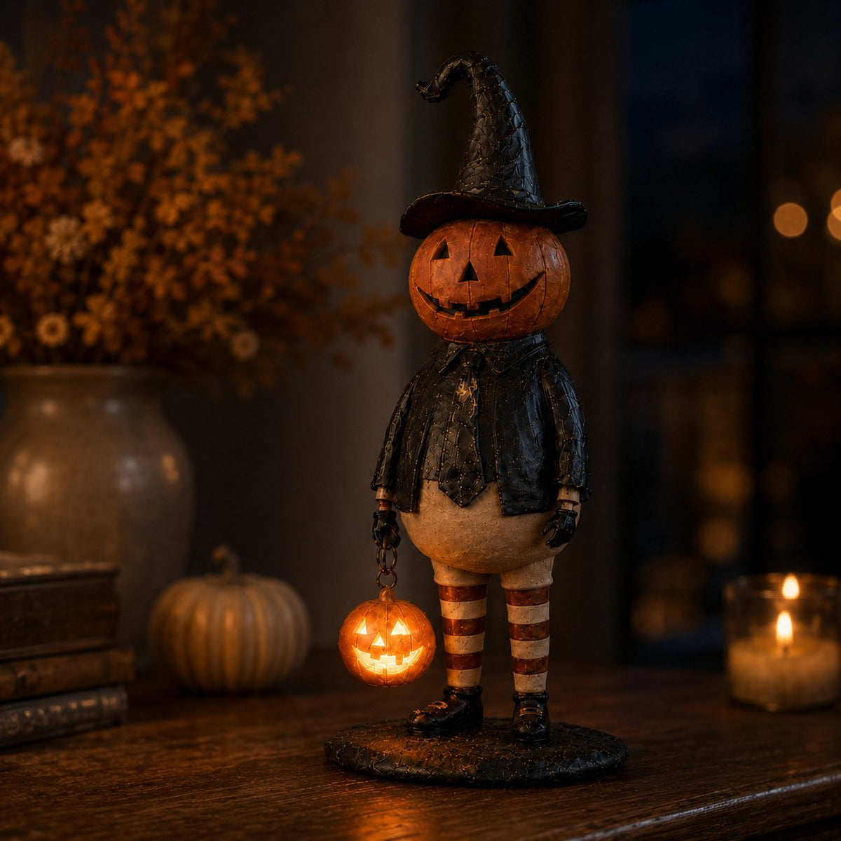 🔥HOT SALE 53% OFF🎃Halloween Pumpkin Head Figurine with Lighted Handheld Pumpkin Lantern