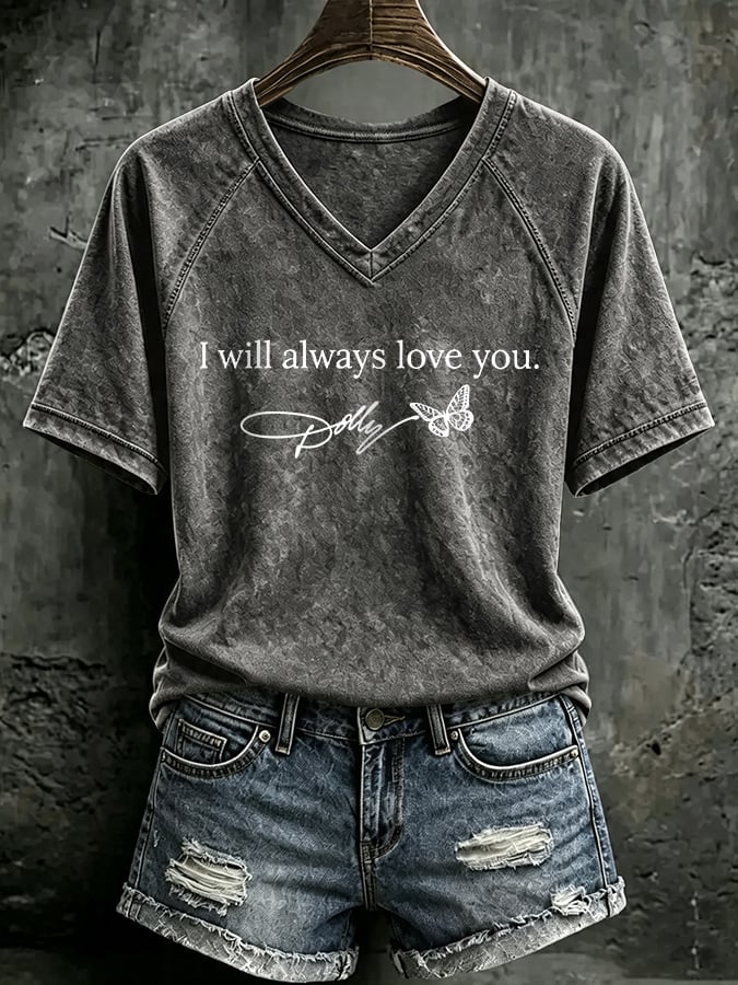 V Neck Retro Butterfly I Will Always Love You Print T-Shirt