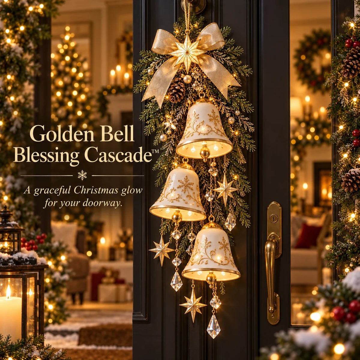 ✨ Golden Bell Blessing Cascade– Lighted Christmas Door Decor