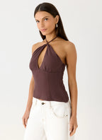 Allira Linen Halter Top - Chocolate Drizzle