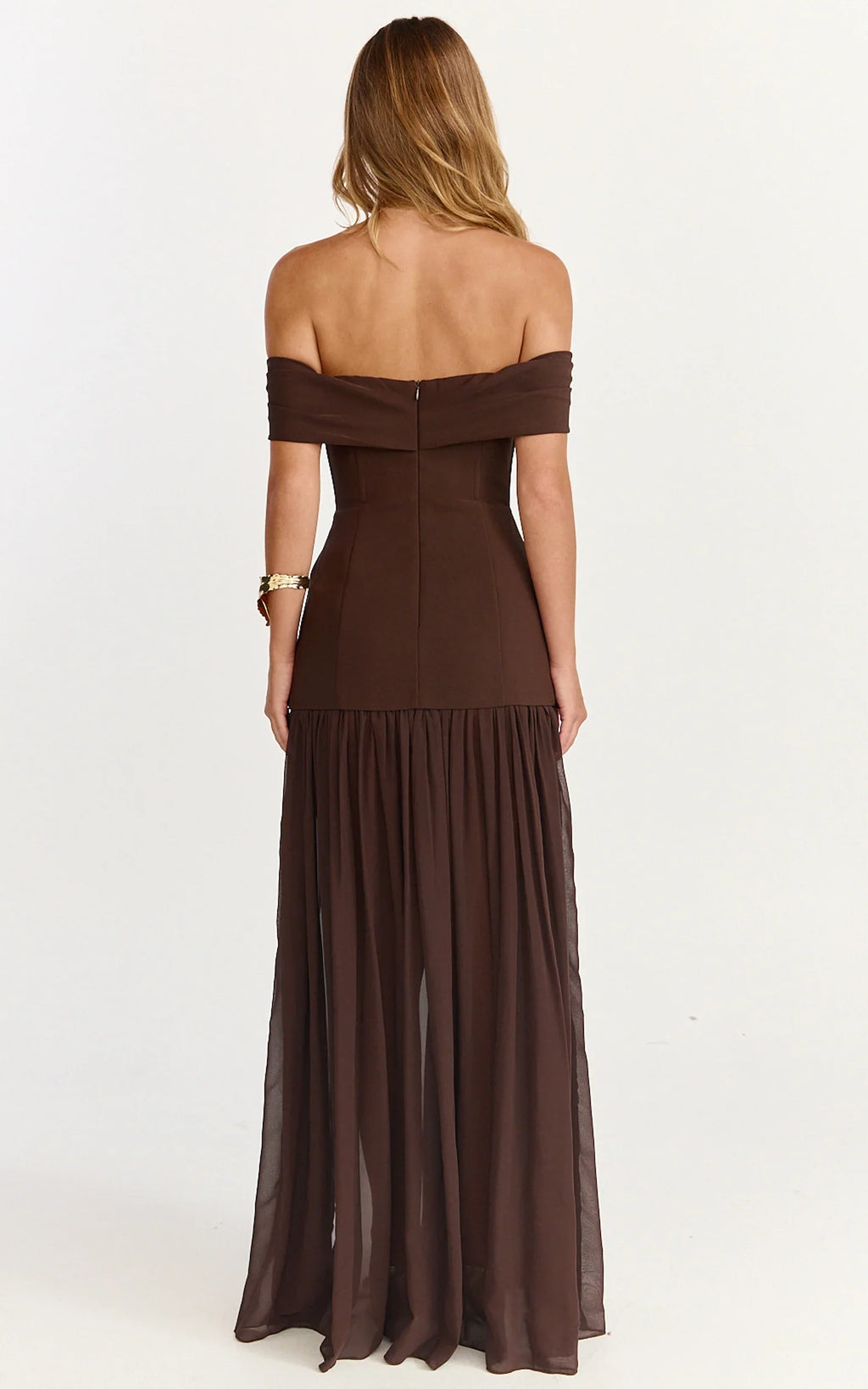 Florence Maxi Dress - Off Shoulder Sheer Skirt Dress in Chocolate