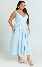 Beckett Midi Dress - Scoop Neck Drop V Waist Gathered Skirt Dress in Blue