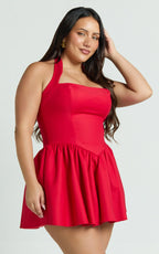 Helda Mini Dress - Halter Tie Neck Corset Panel Dress in Red