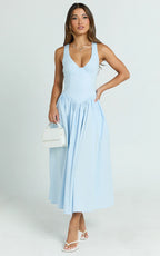 Beckett Midi Dress - Scoop Neck Drop V Waist Gathered Skirt Dress in Blue