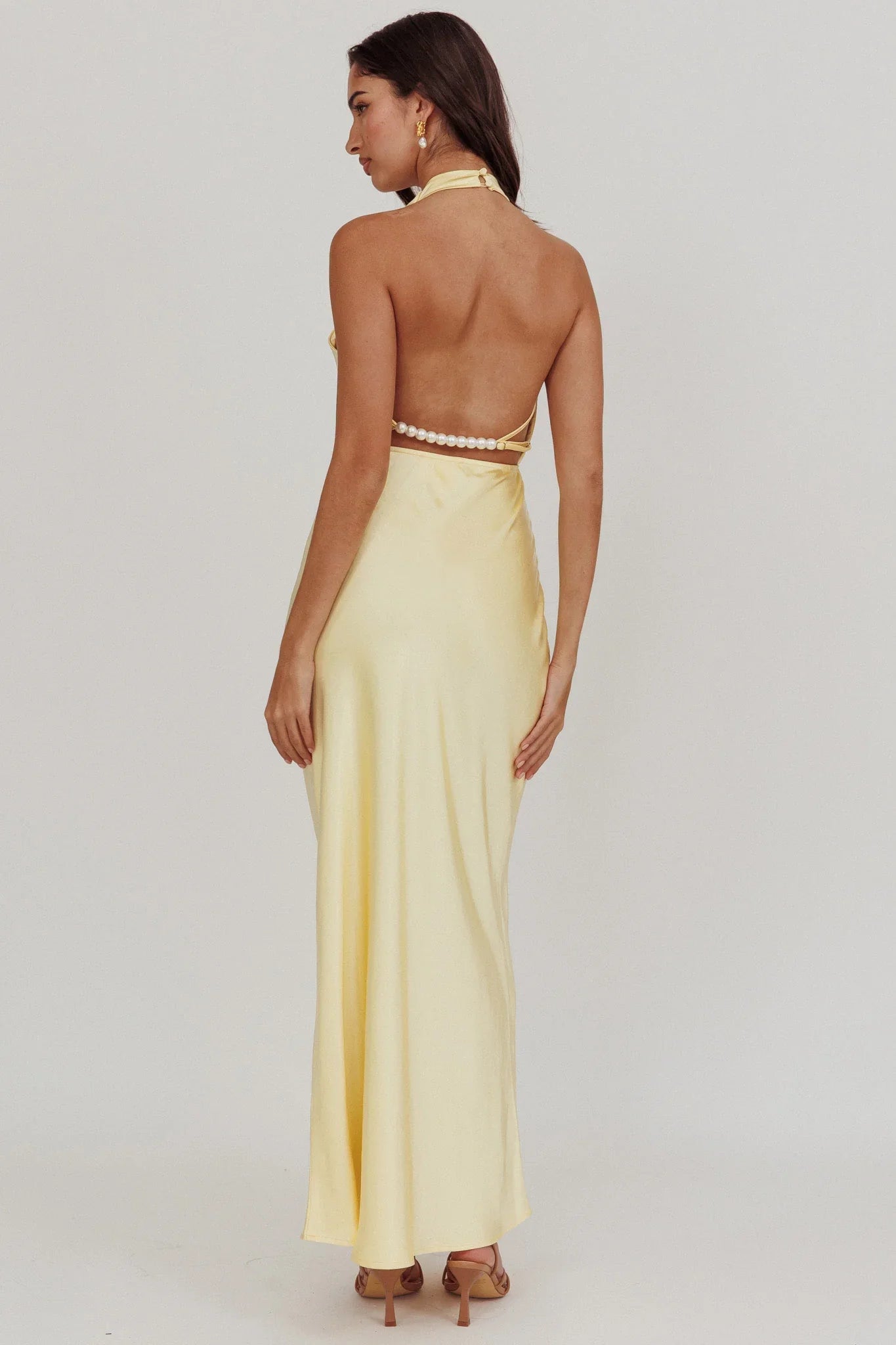 Gelato Pearl Strap Halter Maxi Dress Butter