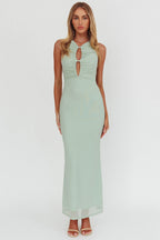 Piece Of Heaven Sleeveless Keyhole Mesh Maxi Dress Sage
