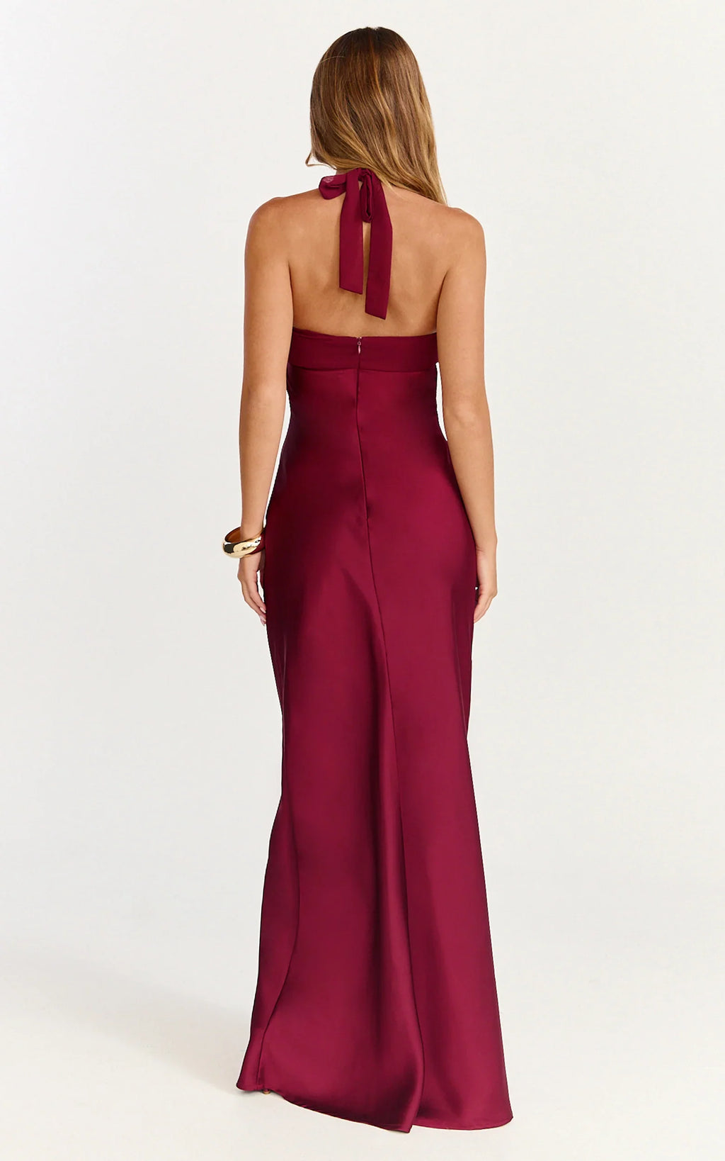 Flynn Maxi Dress - Satin Halter Sweetheart Neck Dress in Wine