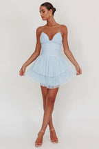 Nightingale Ruched Mesh Mini Dress Baby Blue