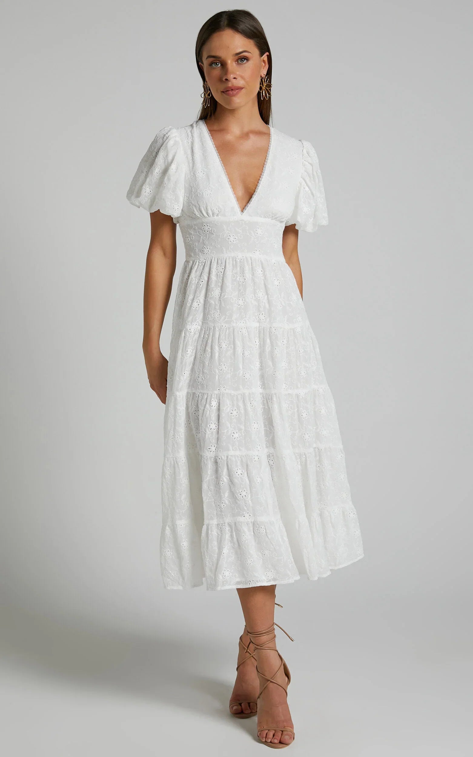 Divora Midi Dress - Plunge Balloon Sleeve Tiered Dress in Ivory