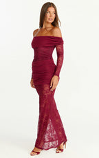 Juliet Maxi Dress - Off Shoulder Long Sleeve Ruched Overlay Lace Dress in Wine