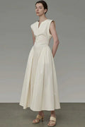Classy V Neck Ruffle Detail Pocket Trim Sleeveless Maxi Dress - Apricot