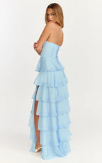 Bella Maxi Dress - Strapless Corset Bodice Lace Up Back Tiered Ruffle Dress in Soft Blue