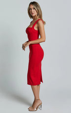 Tiffy Midi Dress - Square Neck Ruched Bodycon Dress in Scarlet