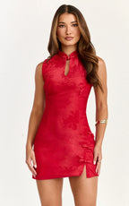Atalia Mini Dress - Mandarin Collar Jacquard A Line Dress in Red