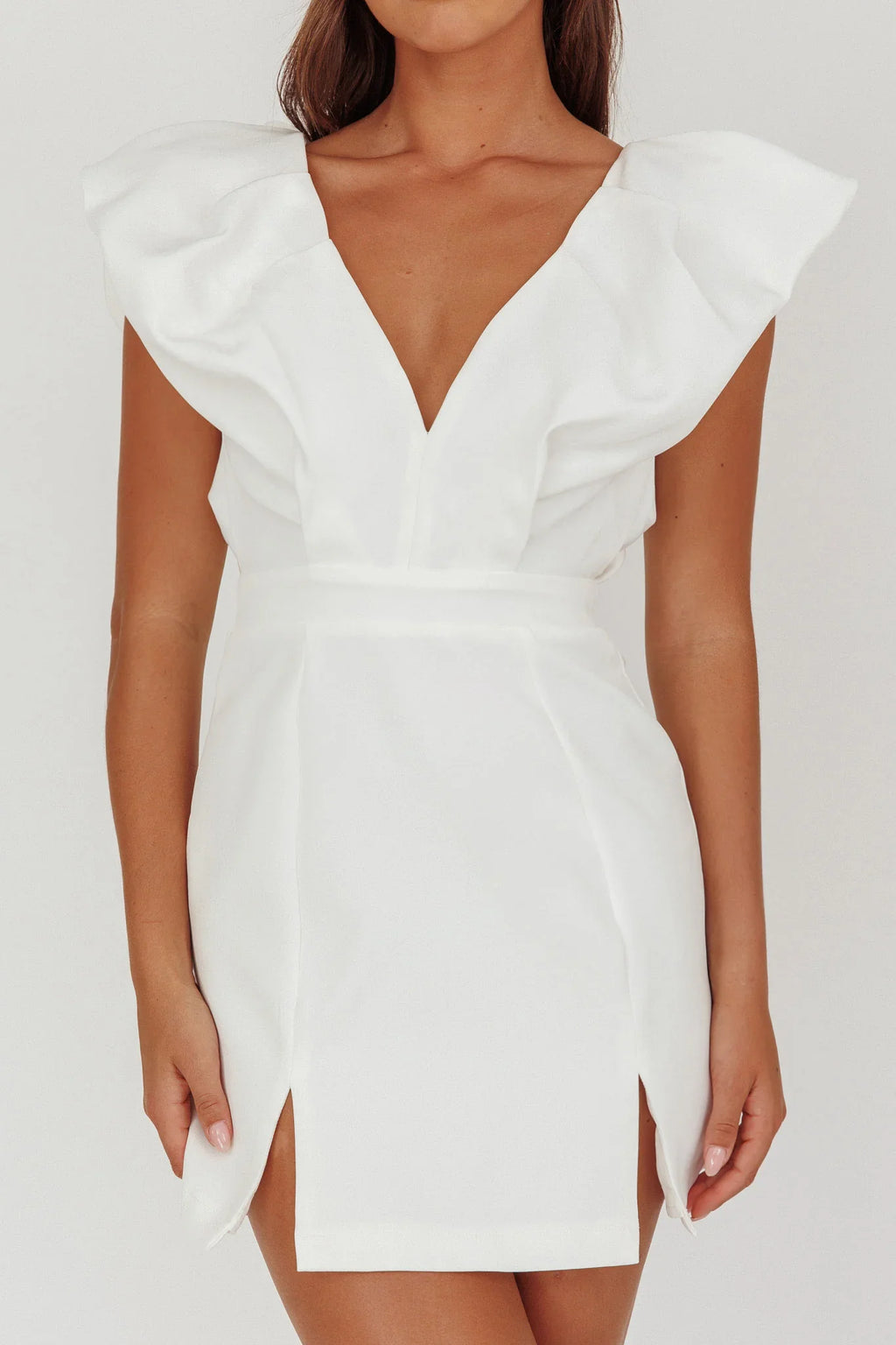 Liardon Bubble Sleeve V-Neckline Mini Dress White