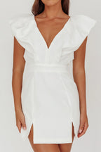 Liardon Bubble Sleeve V-Neckline Mini Dress White