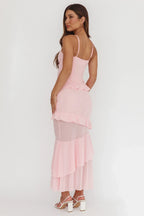 Marlie Frill Trim Rosette Maxi Dress Blush
