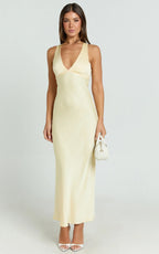 Khalani Midi Dress - Deep V Neck Satin Slip Dress in Butter Yellow