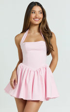 Helda Mini Dress - Halter Tie Neck Corset Panel Dress in Pink