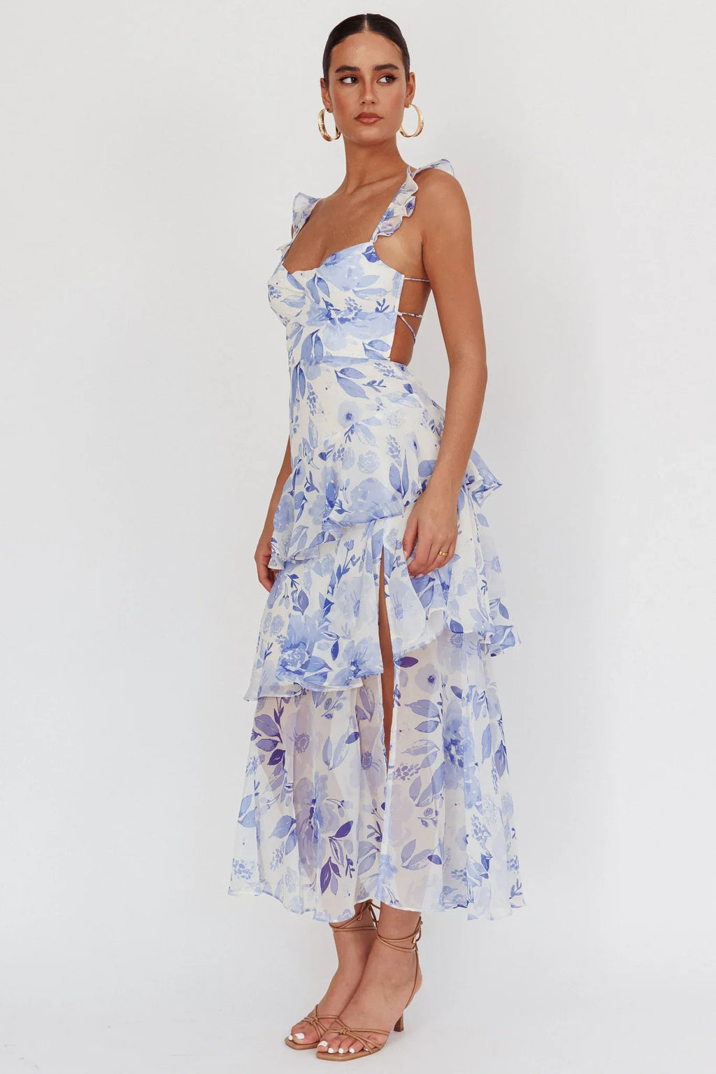 Veda Strappy Back Ruffle Maxi Dress Flowers Blue