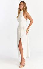Anya Midi Dress - Halter Neck Ruched Drop Waist Dress in White