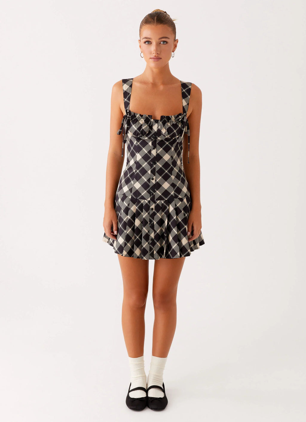 Tuni Cotton Mini Dress - Taupe Check