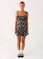 Tuni Cotton Mini Dress - Taupe Check