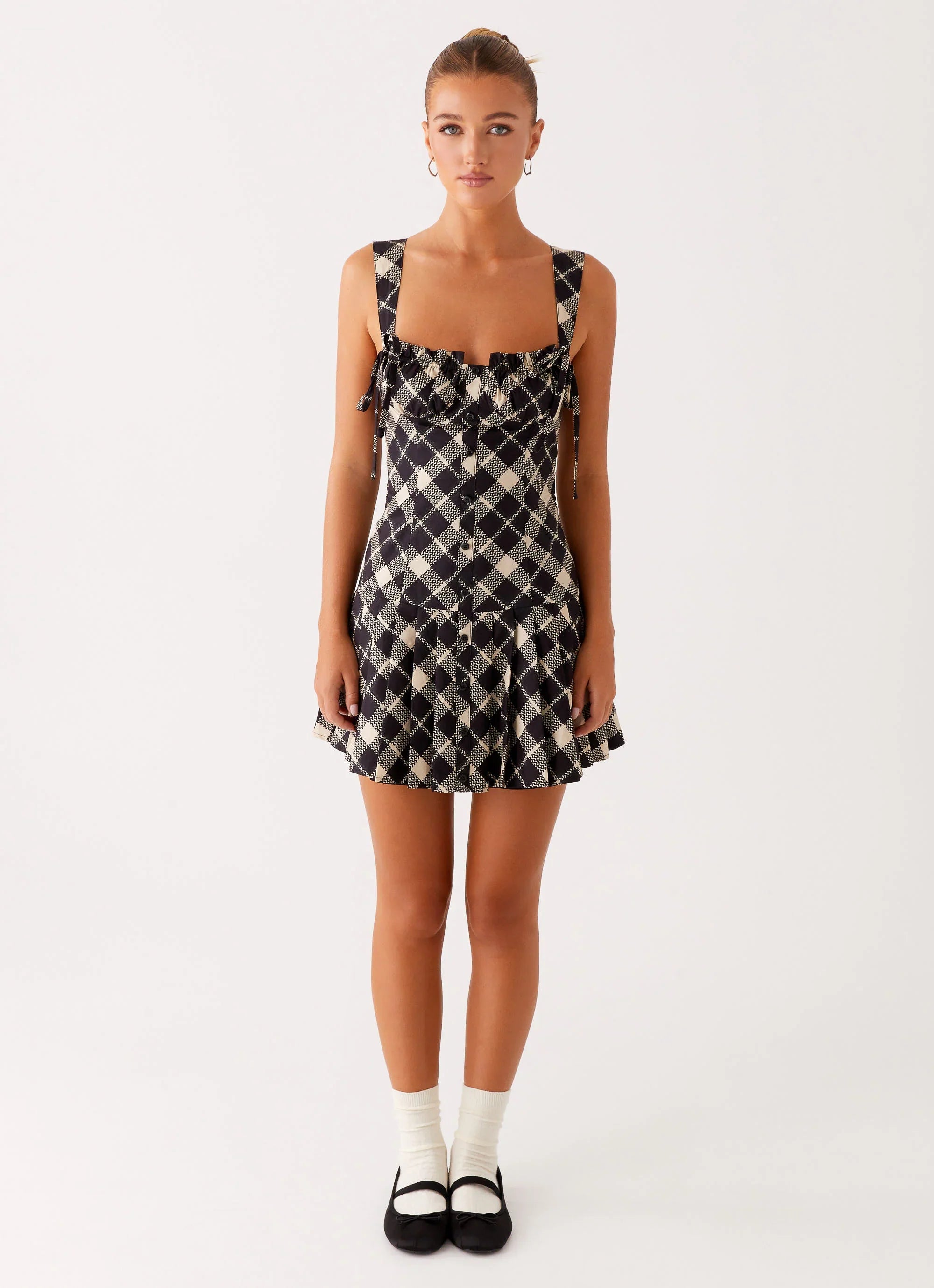 Tuni Cotton Mini Dress - Taupe Check