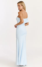 Opal Maxi Dress - Off Shoulder Gathered Bodice Fit And Flare Dress in Blue