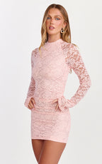 Kyra Mini Dress - Long Flare Sleeve High Neck Lace Dress in Light Pink