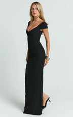 Veronika Maxi Dress - Off Shoulder Plunge High Split Dress in Black