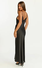 Christy Midi Dress - V Neck Lace Detail Slip Dress in Black