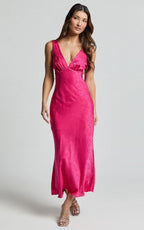 Cohen Midi Dress - Jacquard Satin Midi Dress in Pink