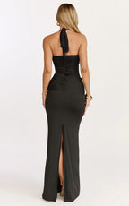 Melville Maxi Dress - Lace Bodice Draped Front Halter Dress in Black