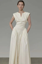 Classy V Neck Ruffle Detail Pocket Trim Sleeveless Maxi Dress - Apricot