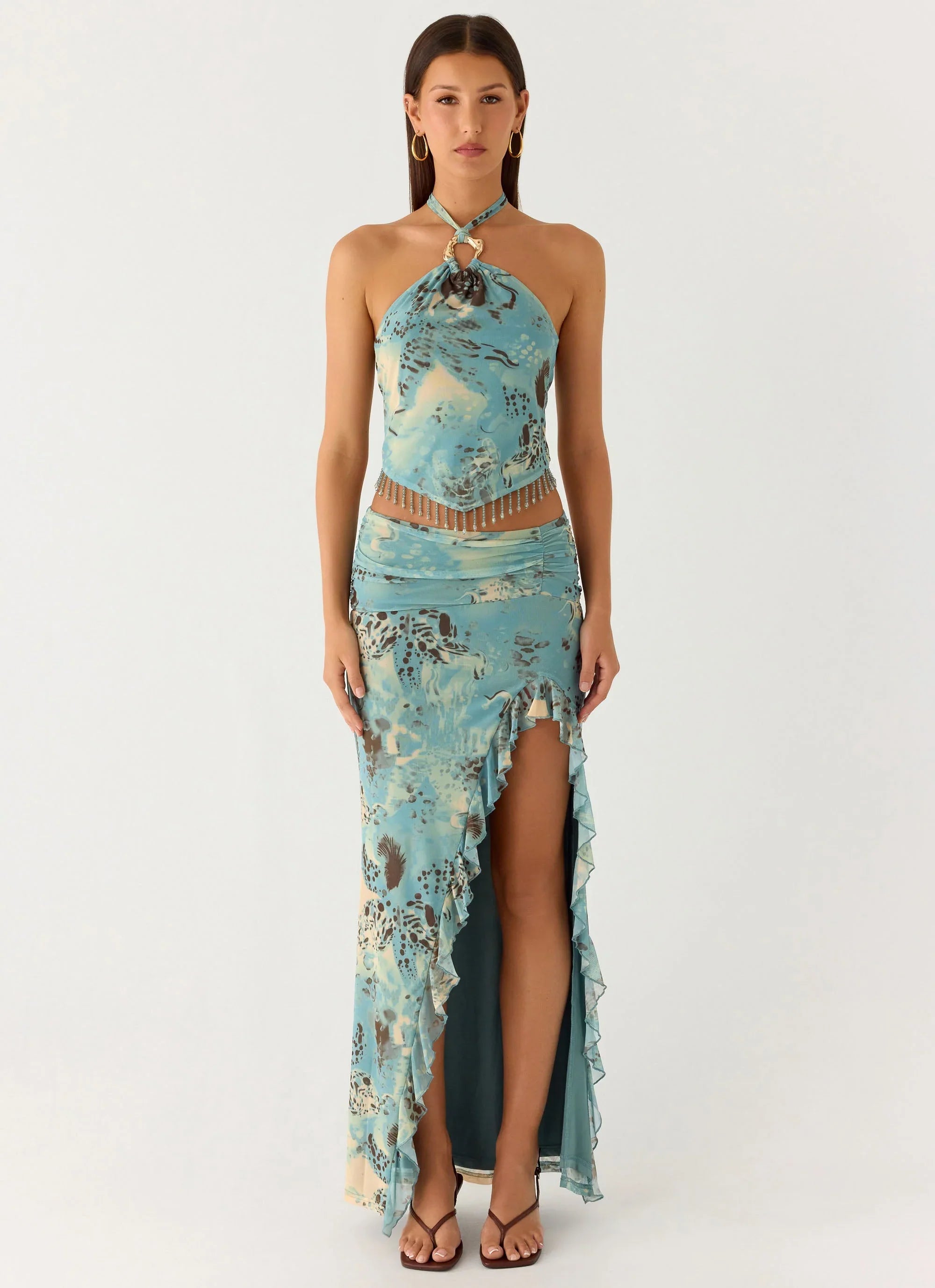 Lloyd Beaded Halter Top - Aqua Blur