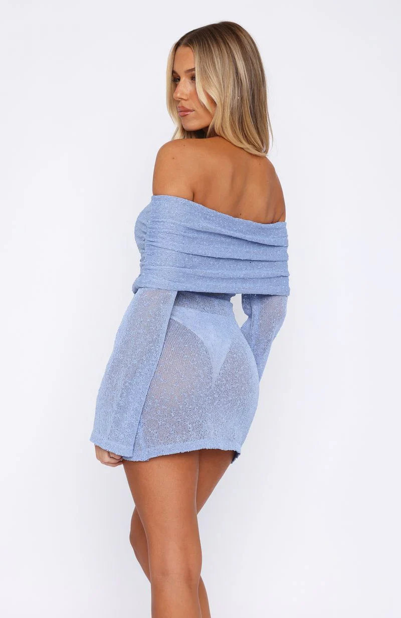 Can't Leave Me Long Sleeve Boucle Mini Dress Cornflower Blue