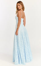 Rachel Maxi Dress - Sweetheart Neckline Jacquard Front Split Dress in Ice Blue