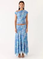 Liana Ruched Maxi Skirt - Aqua Paisley