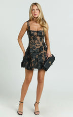 Sienna Mini Dress - 3D Floral Fit And Flare Dress in Black