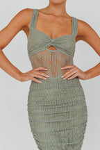Oliana Embroidered Mesh Midi Dress Fern