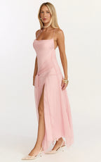 Idris Maxi Dress - Cowl Neck Draped Sash Godet Dress in Soft Pink