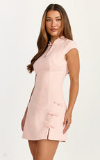 Jana Mini Dress - Mandarin Collar Leg Split Bodycon Dress in Pink