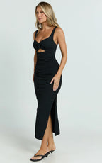 Bianca Midi Dress - Twist Front Cut Out Ruched Dress in Black