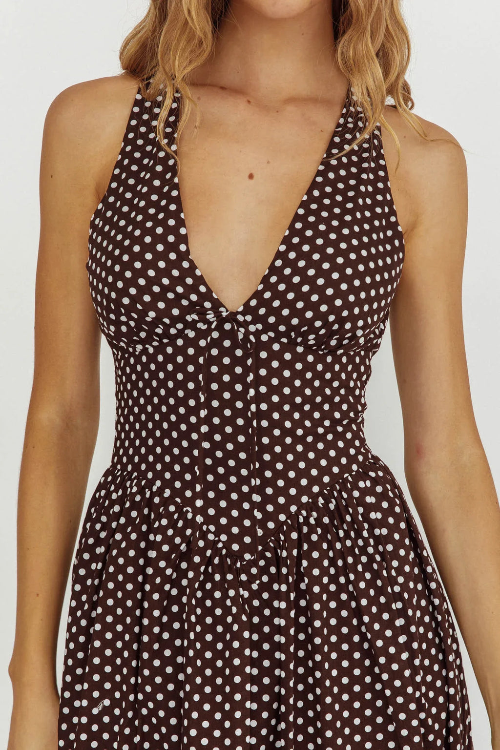 Clarette Basque Waist Open Back Maxi Dress Spotted Chocolate